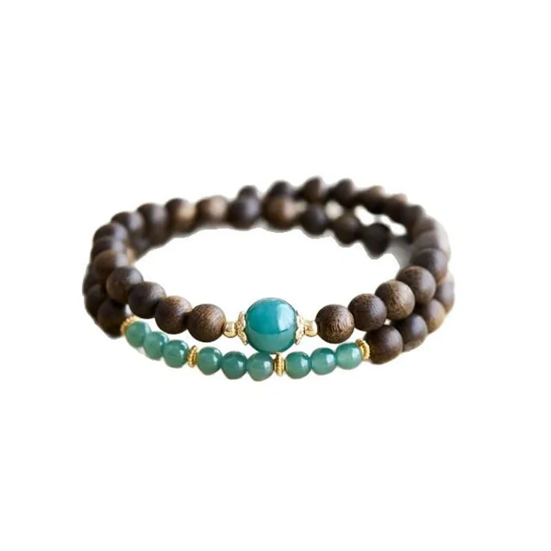 

Natural Brunei Agarwood Prayer Bead Bracelet Blue Water Jade Fortune Bead Double Strand Multi Gem Bracelet for Women Gifts