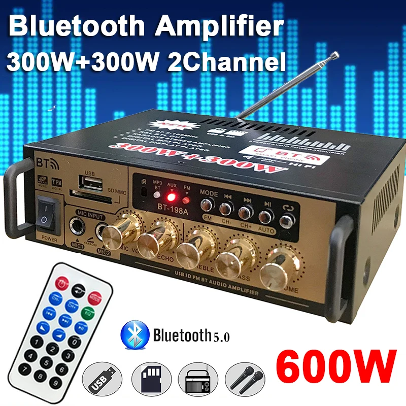 600W Bluetooth Amplifier Car Home Digital Amplifier 220V Bass Audio Power Amplifier Hifi FM Music Subwoofer Amplificador EU Plug