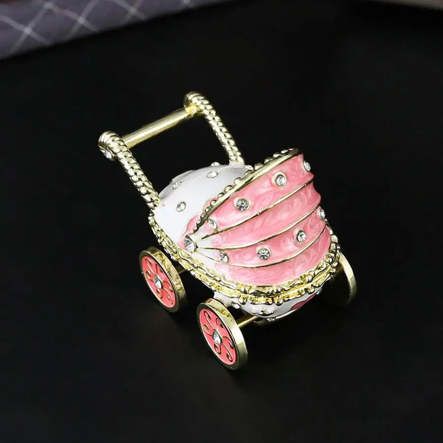 Enamel-decorated Diamond-set Baby Stroller Jewelry Box Flip-top Dust-proof Accessory Jewelry Collection Box Pink Metal Storage