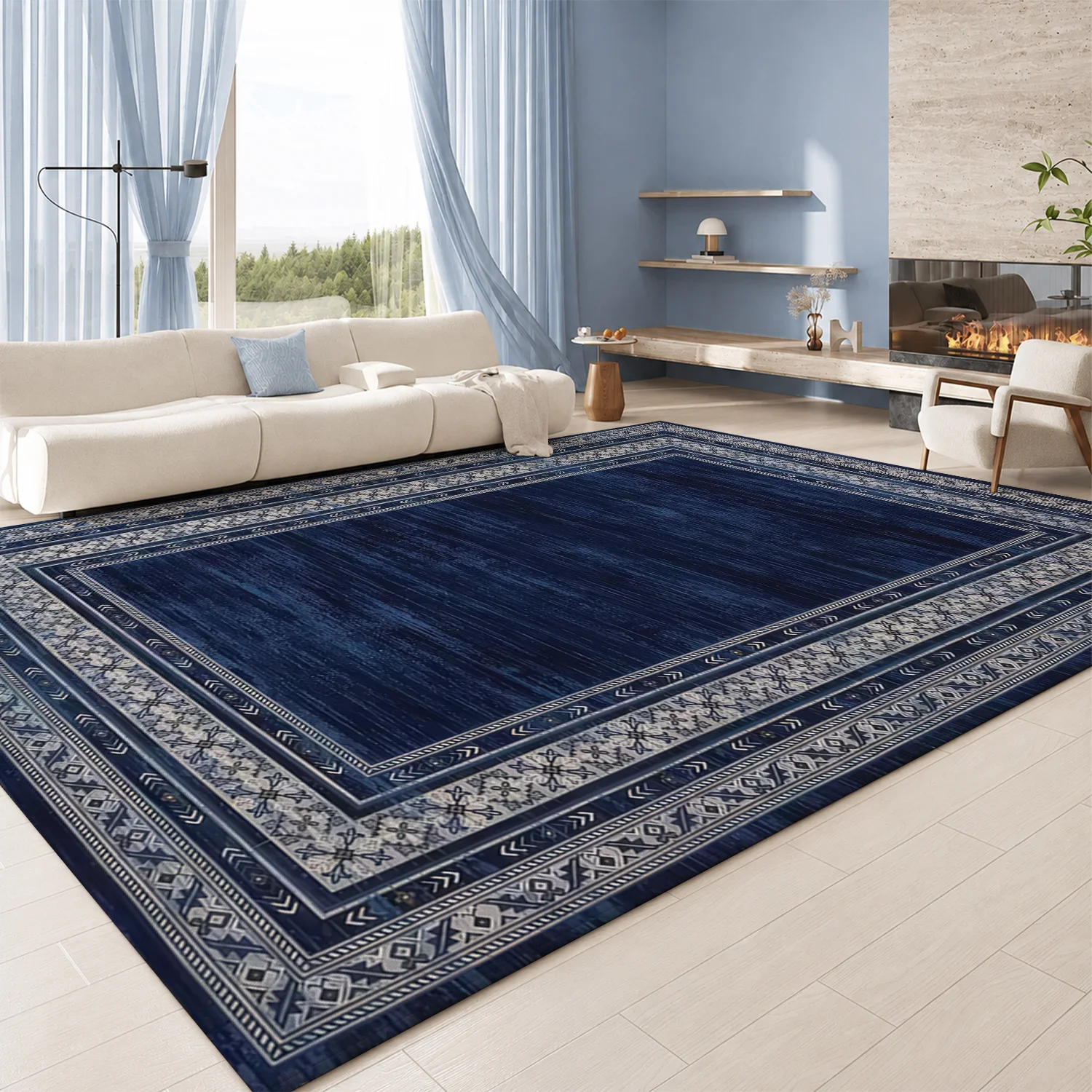 Large Indoor Area Rug, Soft Velvet Low Pile Rug with Non-Slip Dotted Backing, Machine Washable Dark Blue Traditional Border Floor Rug for Living Room and Bedroom