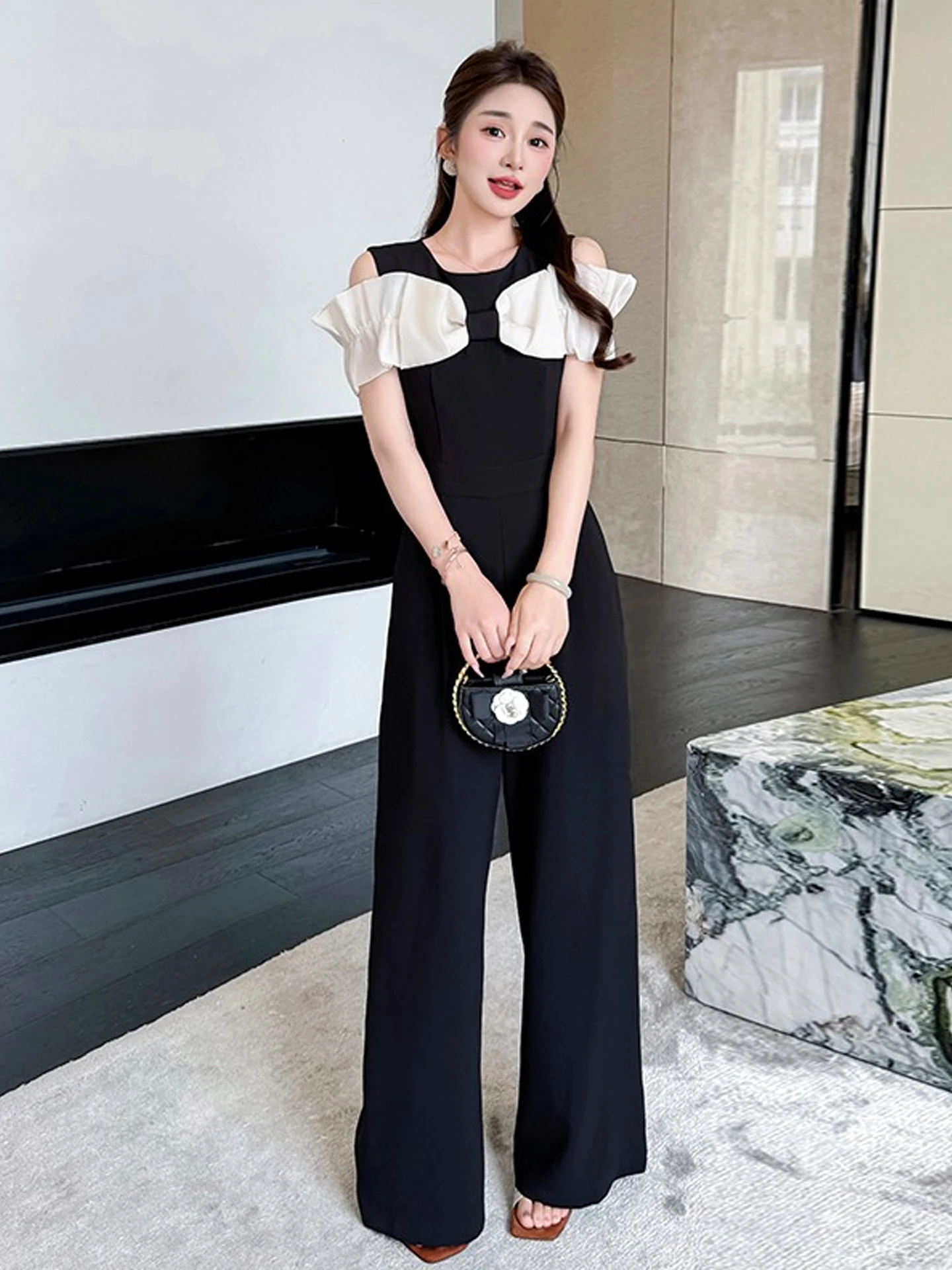 

Oulder Bared ort Sve Комбинезон с высокой талией для похудения Bla White Высокая мода Широкие брюки Французский летний костюм