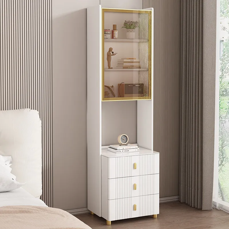 Solid wood bedside table integrated bookshelf high cabinet light luxury cream style bedroom household small apartment living roo
