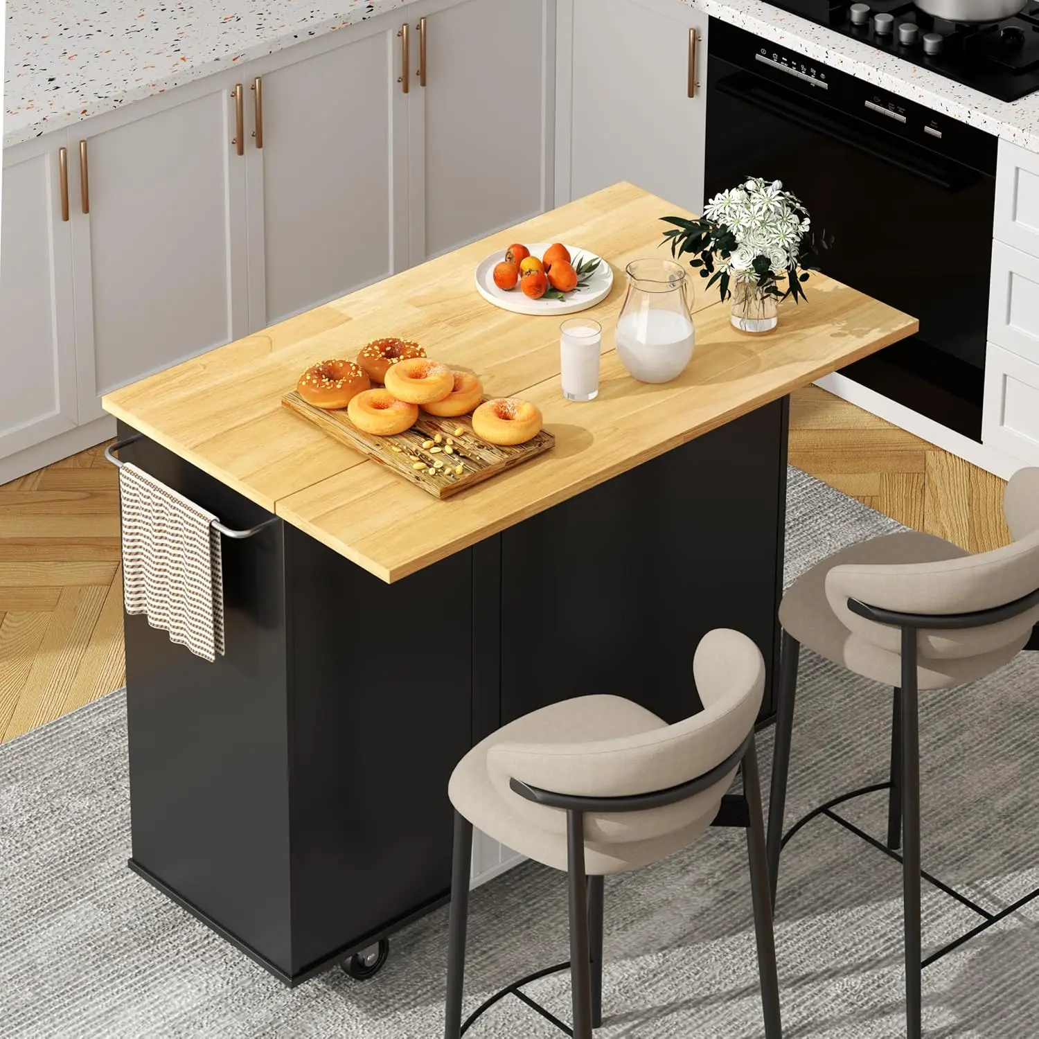 Kitchen Island with Folding Drop Leaf, Rolling Island Table with Storage, Kitchen Cabinet on Wheels with Seating Area for Kitche
