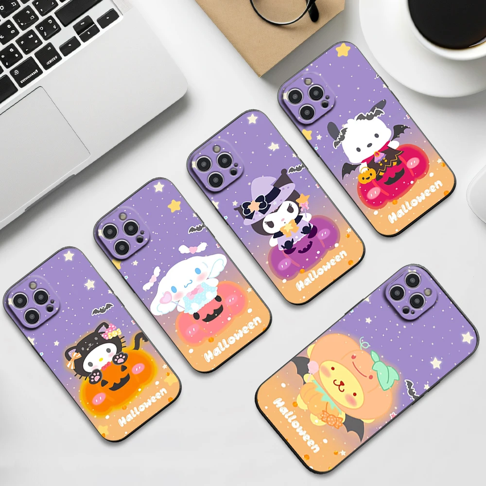 MINISO Halloween S-Sanrio Cute Phone Case For iPhone 16 11 12 13 14 15 Pro Max Plus Black Soft Shell