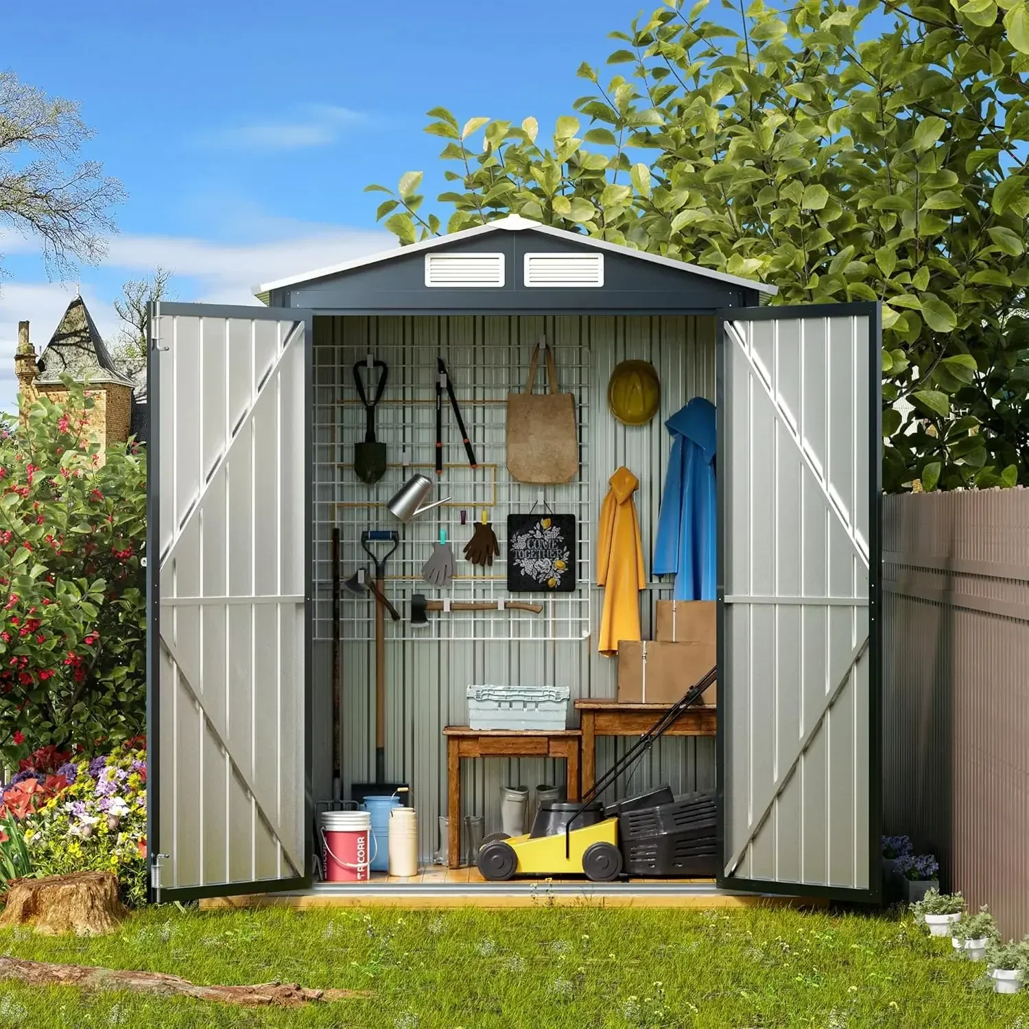

5x3X6.3FT Outdoor Steel Storage Shed with Lockable Doors and Frame Floor,, Patio Utility and Tool Storage, Dark Blue