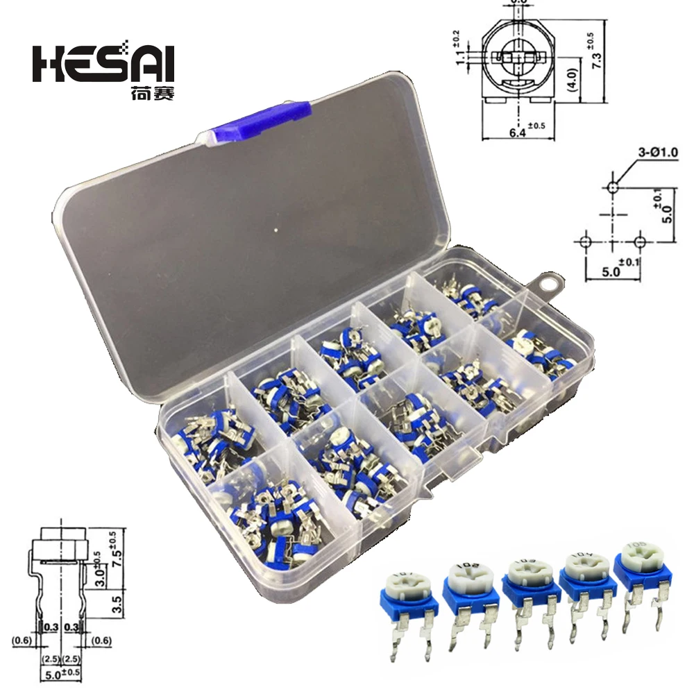 

100PCS/Box RM065 Carbon Film Horizontal Trimpot Potentiometer Assortment Kit 10 Values Variable Resistor 500R - 1M