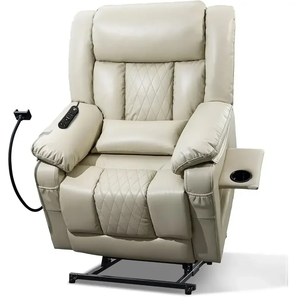 

Dual Motor Recliner with Heat & Massage, Leather Power Chair for Elderly, Cup and Phone Holders, Detachable Armrests, USB & Type