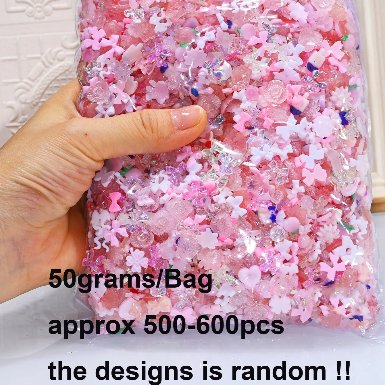 500-600 Uds 50g 3D mezclado lindo dibujos animados encantos de uñas resina flor arco decoración de uñas manicura DIY funda de teléfono accesorios piezas