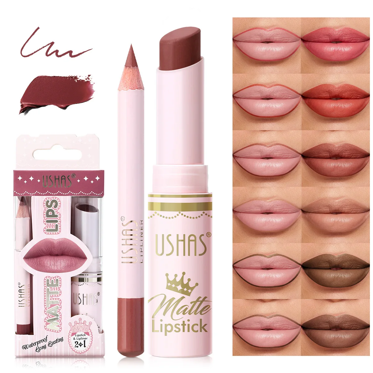 Juego de lápiz labial mate + delineador de labios de 6 colores USHAS, juego colorido de taza antiadherente resistente al agua y al sudor