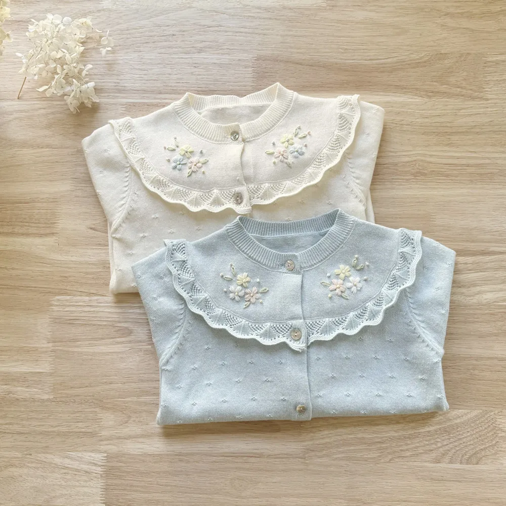 baby girl clothes autumn kids coat cotton Vintage flower embroidery French countryside style solid color cardigan