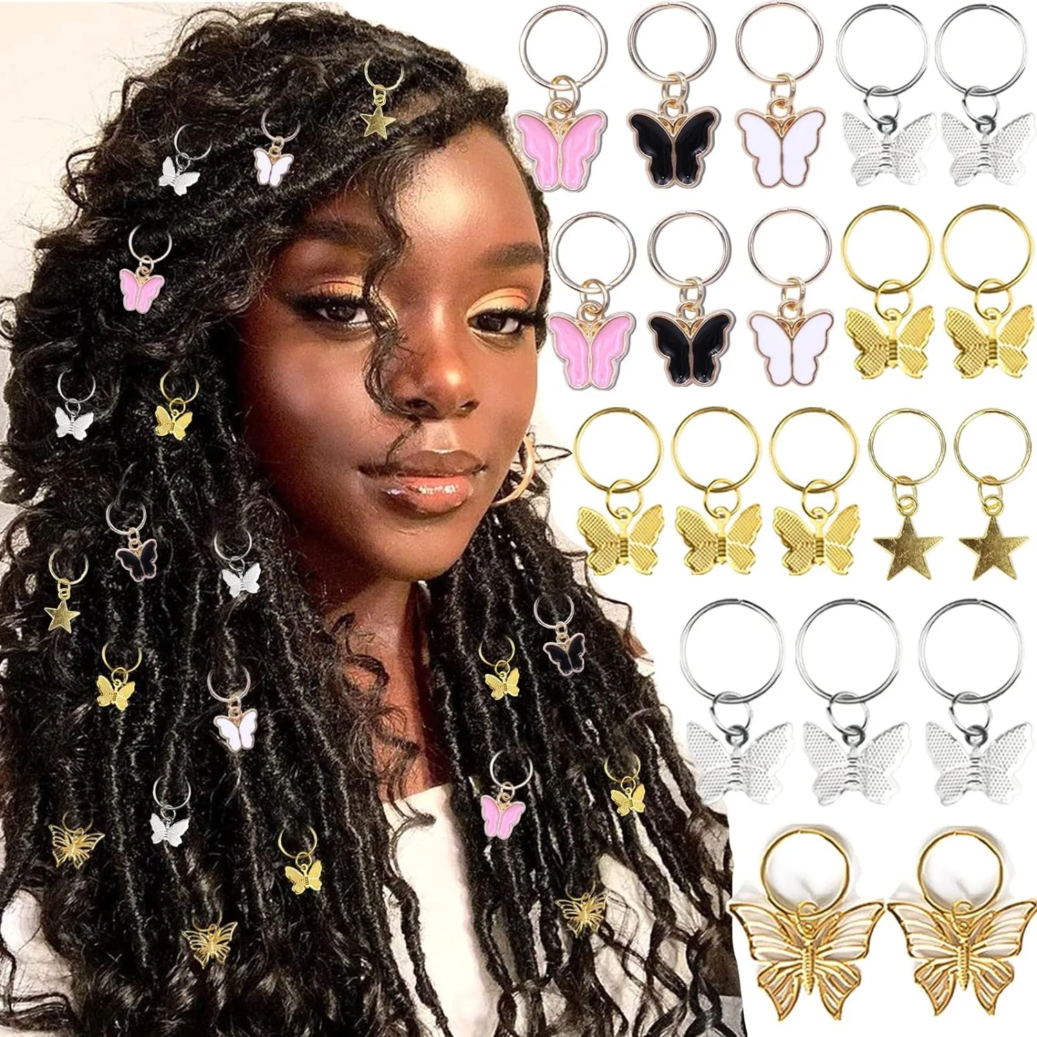 20Pcs Butterfly Braid Clips Crystal Dreadlock Hair Accessories Colorful Butterflies Pendant Charms Pearl Shiny Hair Accessories