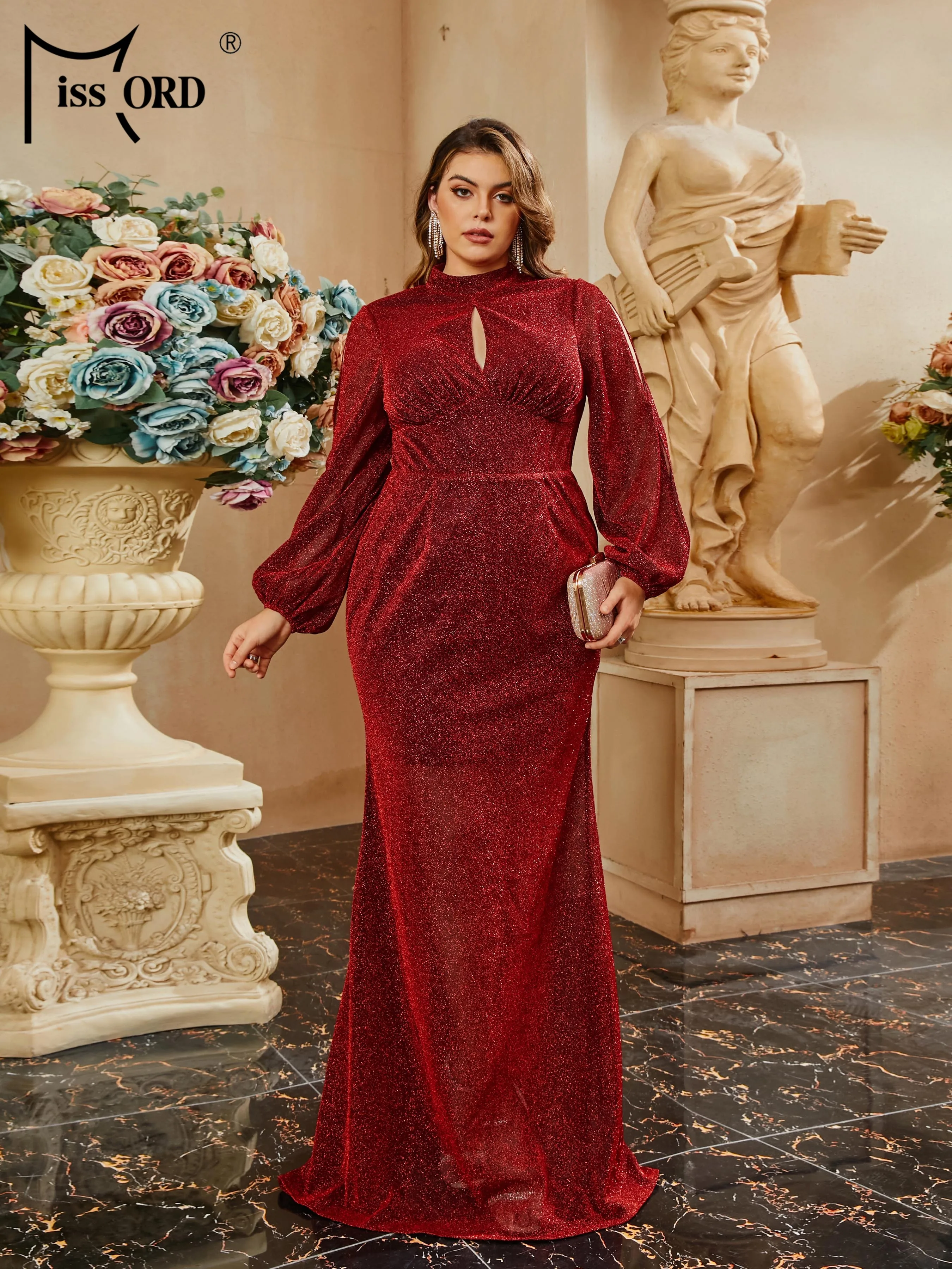 Missord-Robe de soirée sirène bordeaux, grande taille, col rond découpé, robe de Rh