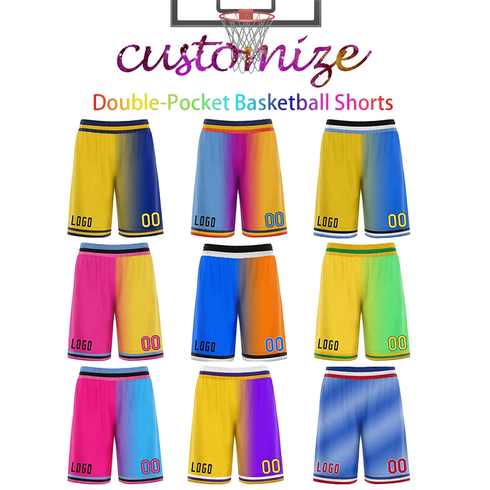 Sublimation Custom Gradient  Basketball Shorts Print Embrodiery Logo Number Sportwear Tracksuit Double Pocket Men Women Outfit