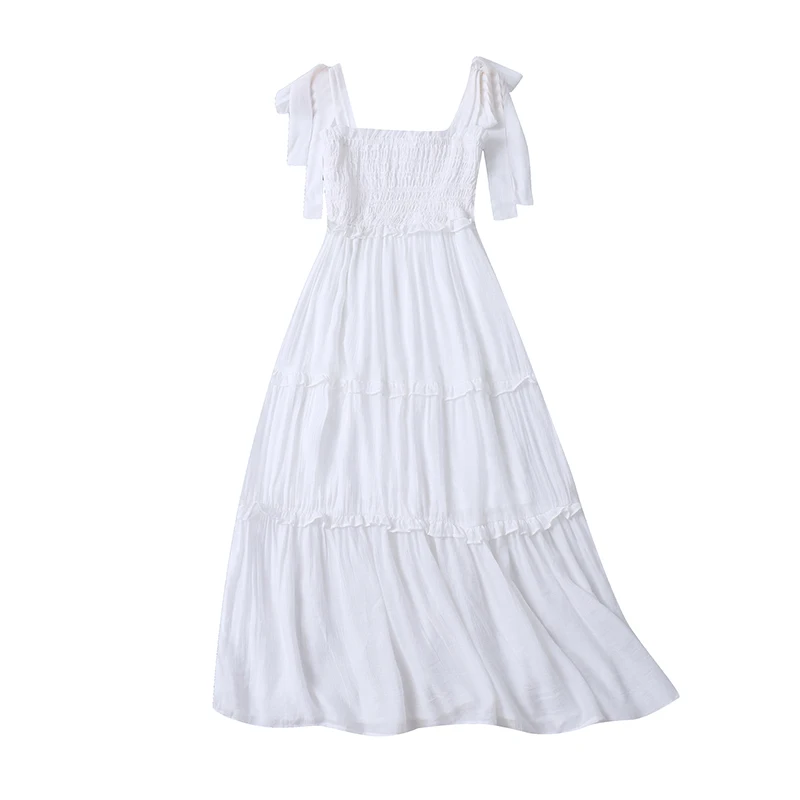 Novo Vestido Midi F de Verão, Sem Alças, com Laço, Elástico, Psado, Estilo Camadas, Cintura Alta, Sem Mangas, Cor P...