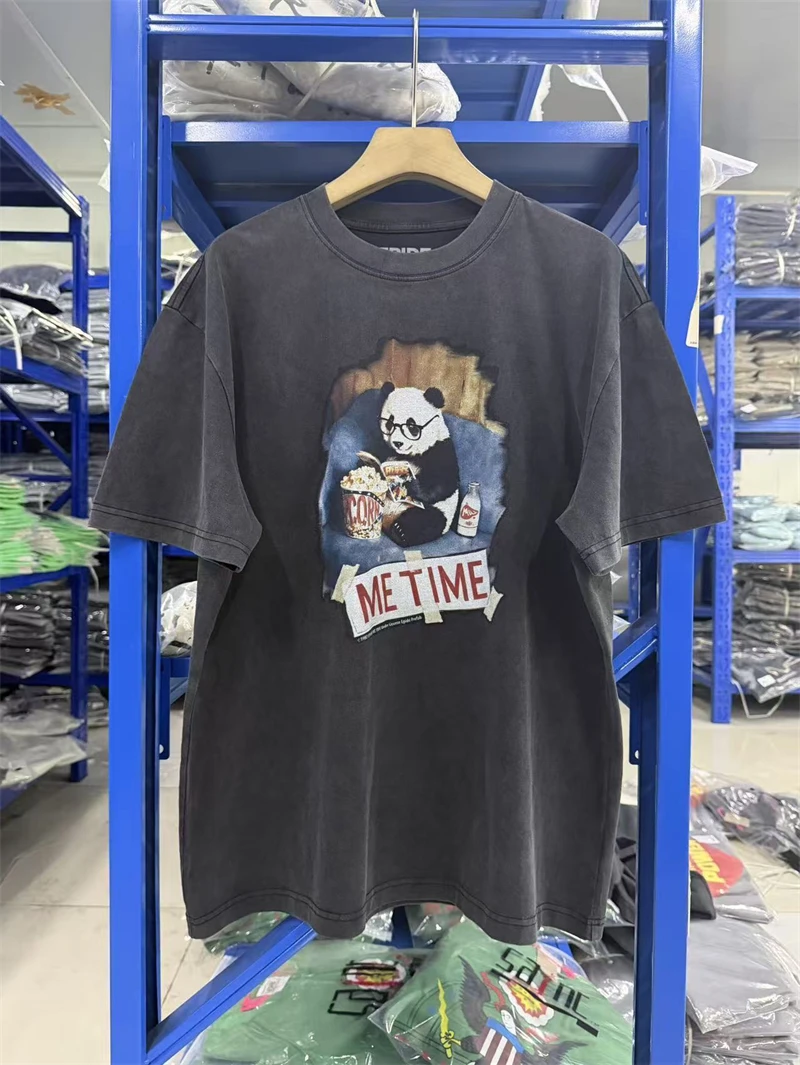 Summer Epide 26SS Panda Animals Pattern Printed Water Washed Vintage Short Sleeve High Street Casual Cotton Loose T-shirt Men