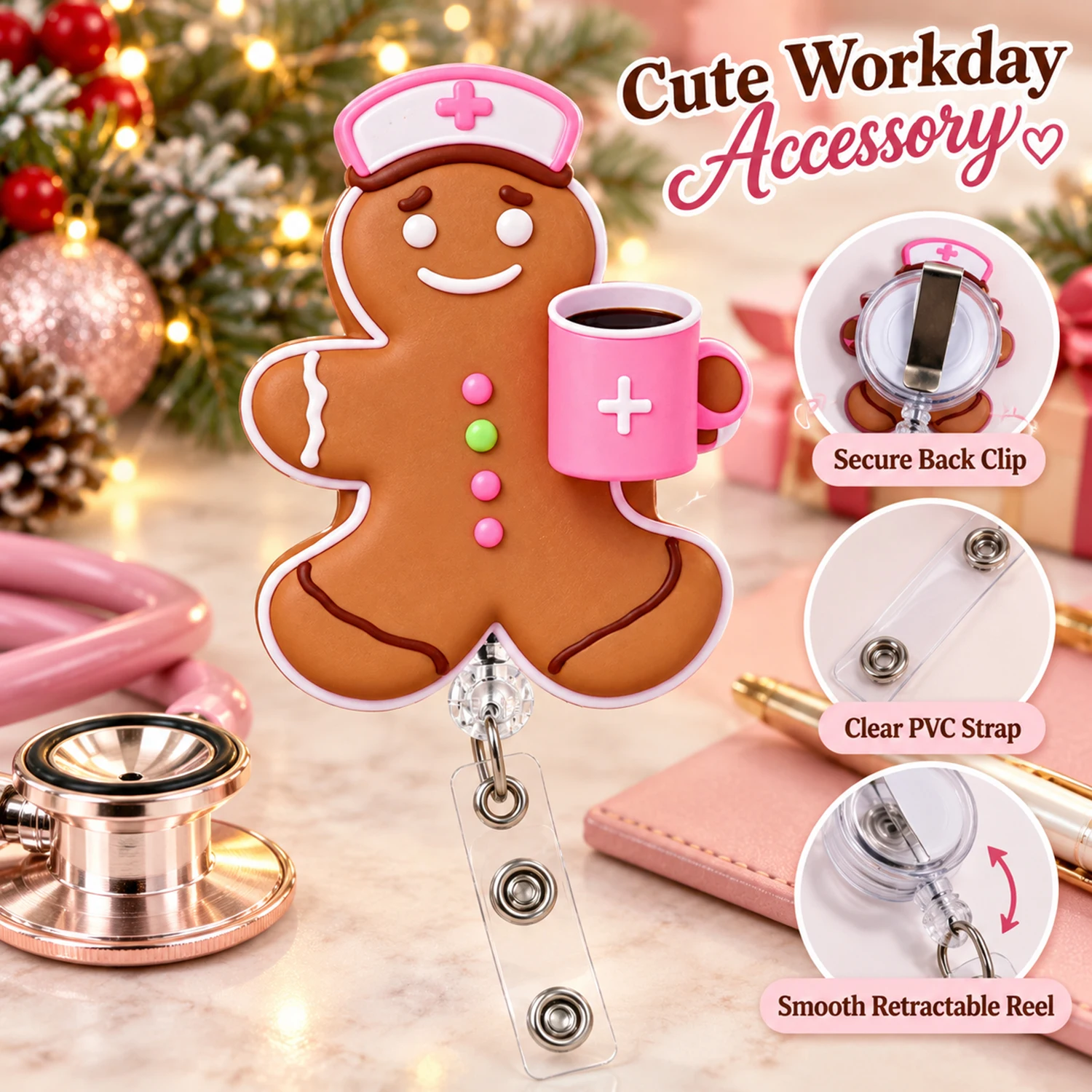 Cute Festive Gingerbread Nurse Retractable Badge Reel, Acrylic Id Holder For Nurse Hospital Clinic Office Christmas Holiday Gift