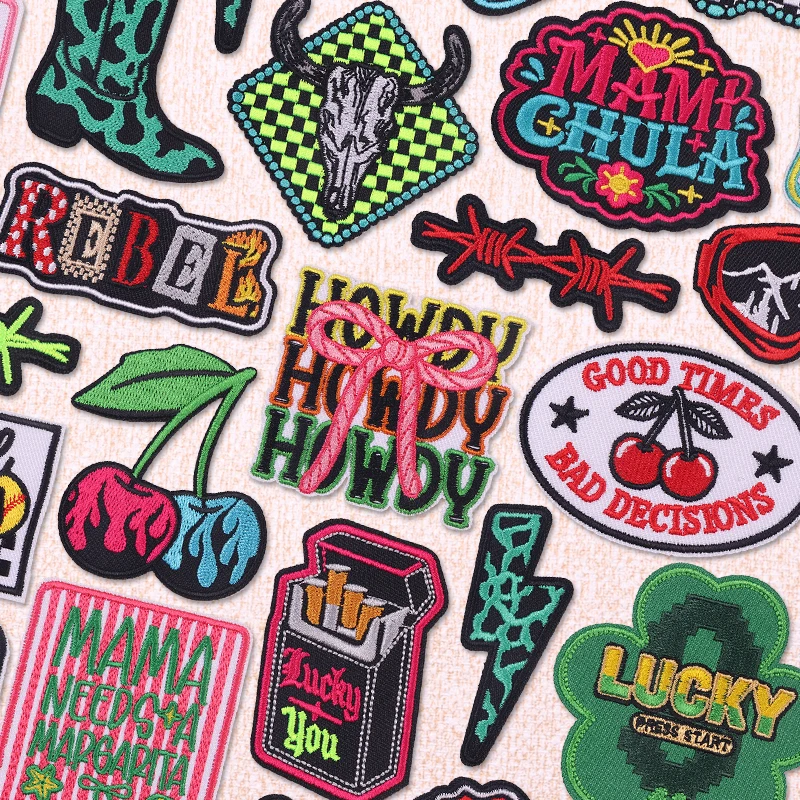 Western Cowgirl Slogan Patch Iron On Patches, Cherry Bull Skull Cowboy Boot Letter Embroidery Patches for Clothing DIY Decor