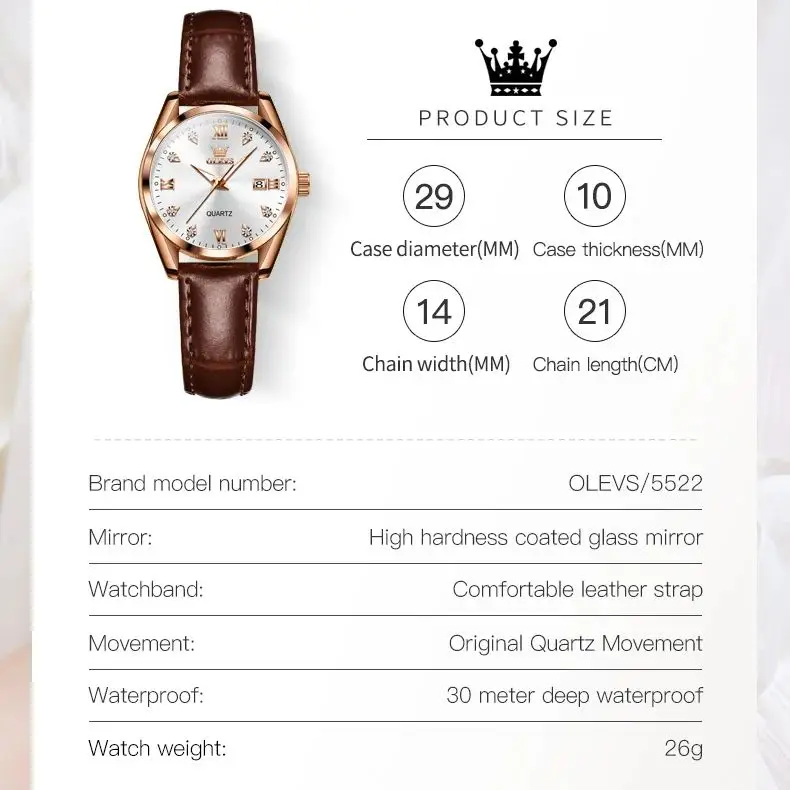 OLEVS Classics Leather Strap Quartz Watch for Women Fashion Elegant Diamond Ladies Watch Waterproof Date Women\'s Quartz Watch