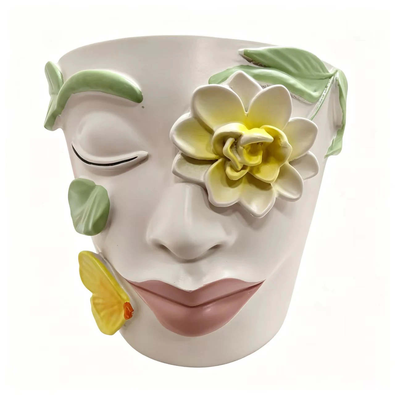 3D Flower Butterfly Face Resin Planter, Closed Eyes Lady Head Succulent Pot, Art Human Head Tabletop Plant Decor Vase