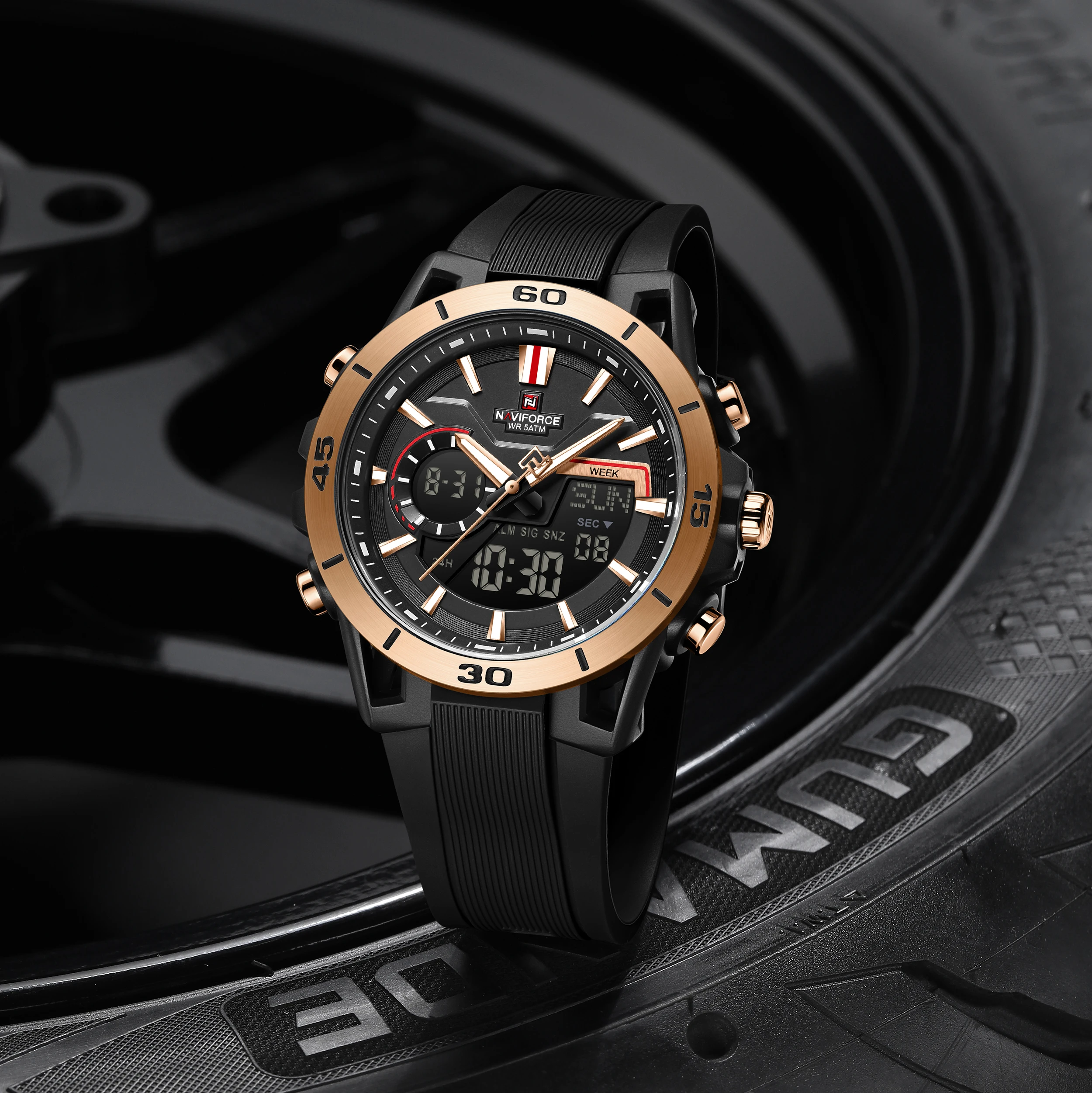 NAVIFORCE 7135 Sports Fashion Electronic Watches for Man Luminous Calendar 50m Waterproof Dual Display Casual Men Digital Watch