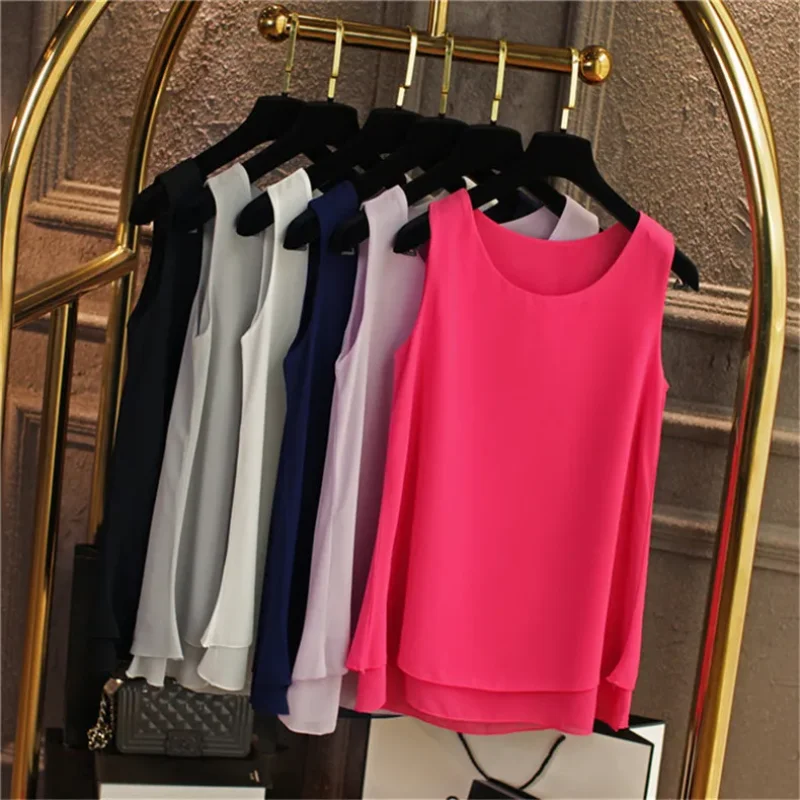 Women Tank Top White Blue Red Chiffon Summer O Neck Sleeveless Tops Vest Shirts Female Office Work Tops Fashion Clothing