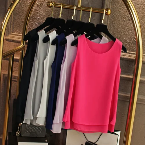 Imagen 1 del producto Camiseta sin mangas de chifón para mujer, camisa con cuello redondo, color blanco, azul y rojo, ropa de trabajo de oficina