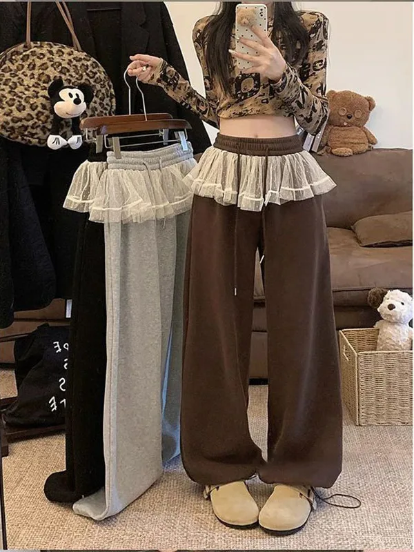 

Большие размеры, кружевные повседневные брюки с высокой талией, теплые широкие брюки для тяжелых женщин, удобные свободные брюки прямого кроя из полиэфирного волокна