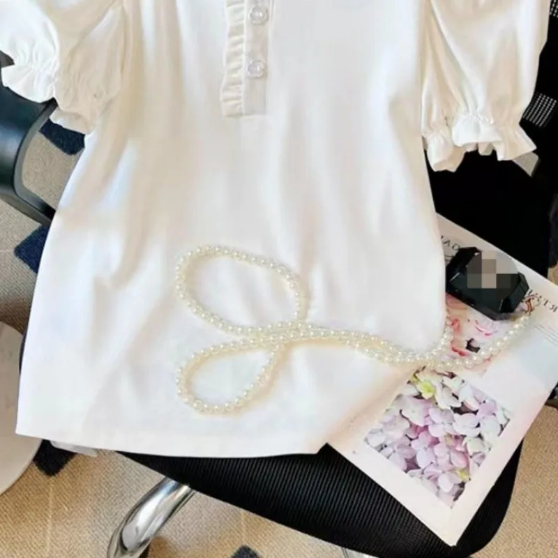 Neploe Simple Sweet Peter Pan Collar T-shirts Y2k Short Sleeve Loose Tee Shirt 2024 Summer New Beading White Tops Women