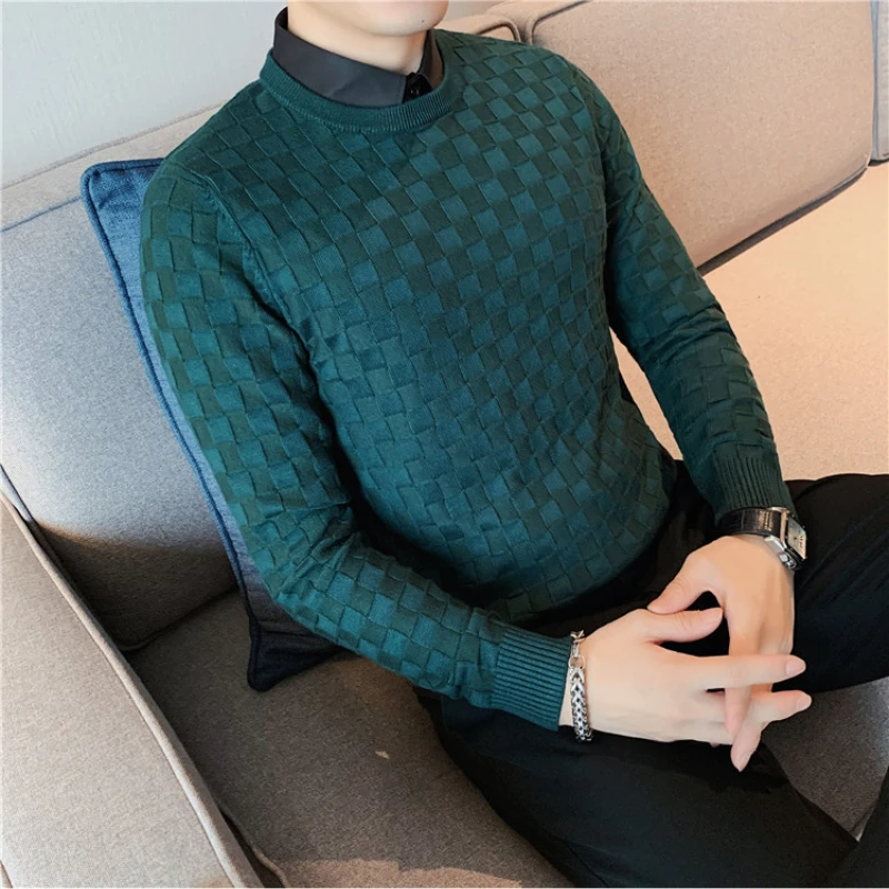 

Fake 2 Piece Shirt Collar Knitting Sweater Male Slim Fit High Quality Casual Pullover/Men Clothing Jacquard style Plaid Sweaters
