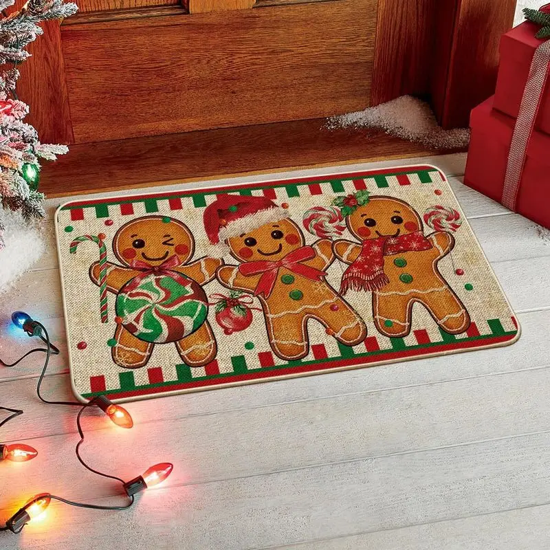 VIKAMA Christmas Entry Mat Three Gingerbread Man Hat Scarf Peppermint Print Durable Mat For Front Door Hallway Bedroom Decor