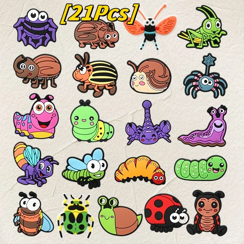 21Pcs Insect Series Shoe Button Snail Mantis Caterpillar Dragonfly Spider Shoe Charms Funny Special Holiday Birthday DIY Gifts