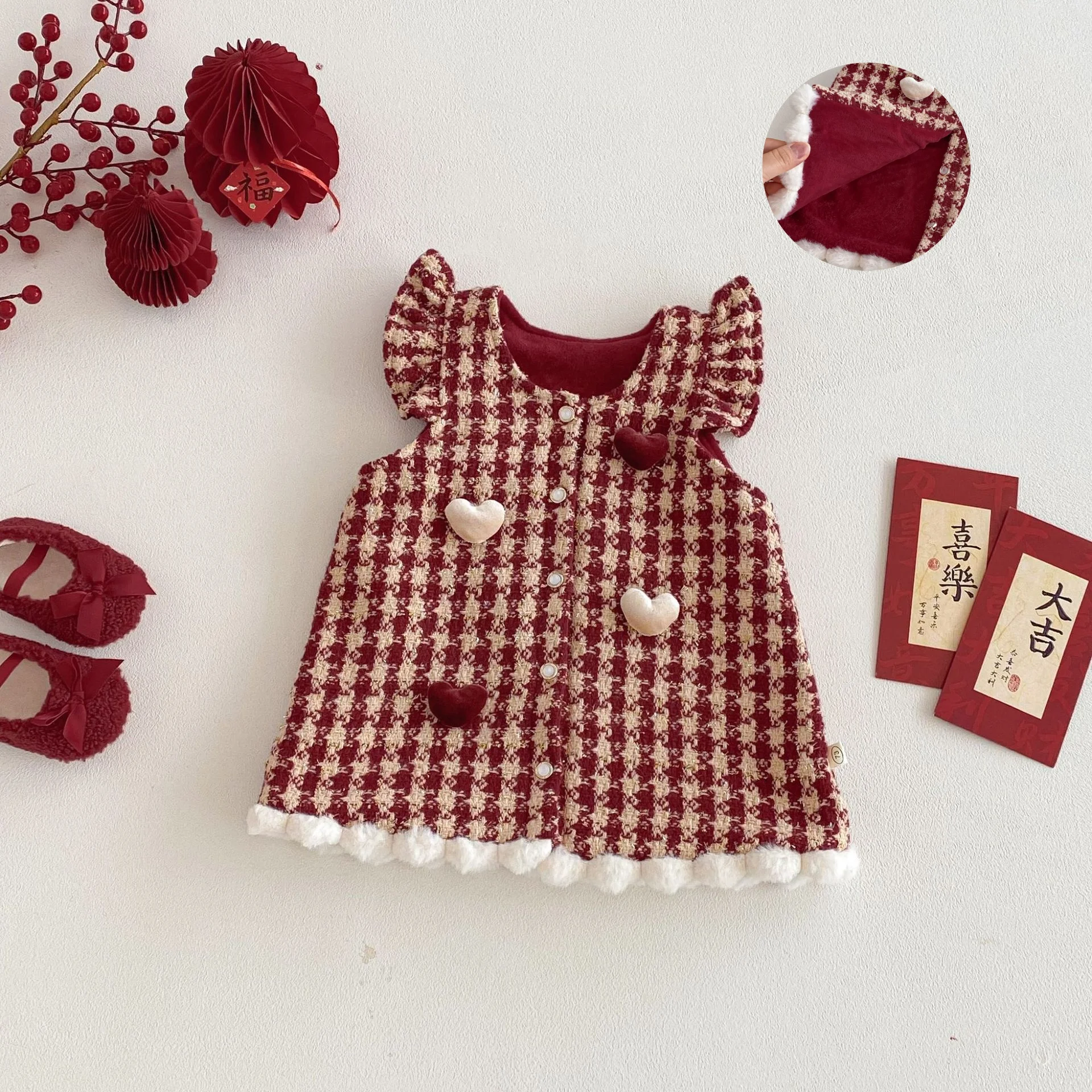 

2025 New Year Fleece Lined Girl Dresses 0-5Y Children Girls Clothes Plaid Heart Princess Dress with Pom Pom Trim Festival Outfit