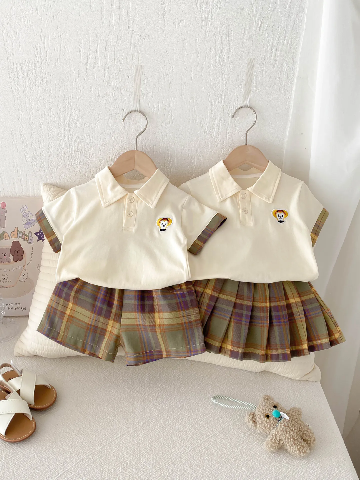 Preppy Style Baby Children's Clothes Boys' Polo Shirt Plaid Shorts 2Pcs Set Girls Pleated Skirt Suit New Summer Kids' Outfit