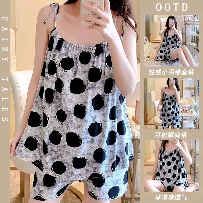 Pyjamas Summer Cotton Silk Suspenders Japan New Thin Home Loose Casual Comfortable Premium Simple High Quality  Cute Sweet Sexy