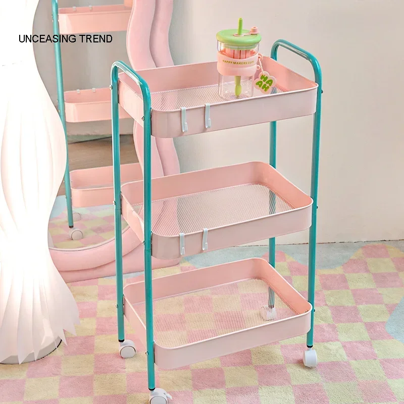 

3 Layer Contrast Color Trolley Storage Shelf Multi-layer Movable Trolley Cosmetics and Snack Storage Rack Bathroom Mobile Shelf