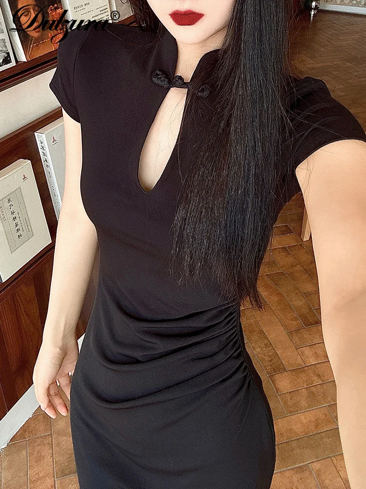 Dulzura 2024 elegante novo estilo chinês vestido sólido manga curta sexy split midi vestidos femininos festa de noite cocktail streetwear