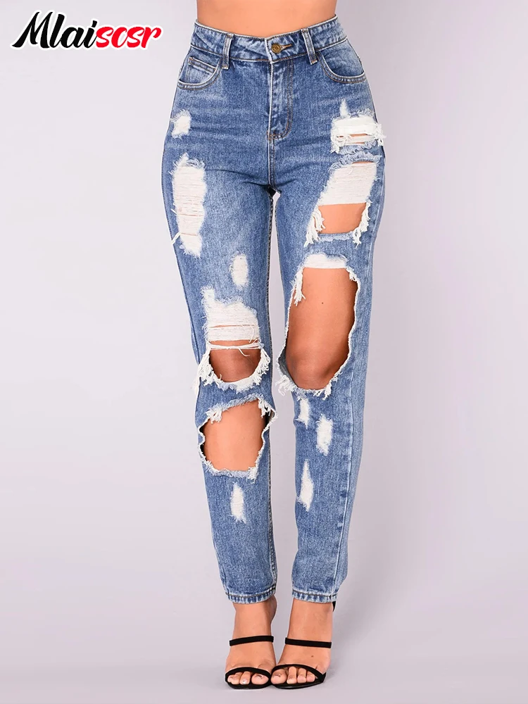 

Mlaiscsr Vintage Hole Ripped Denim Pencil Pants Women Jeans Blue High Waist Hip Hop Streetwear Boyfriend Birthday Trousers Y2k