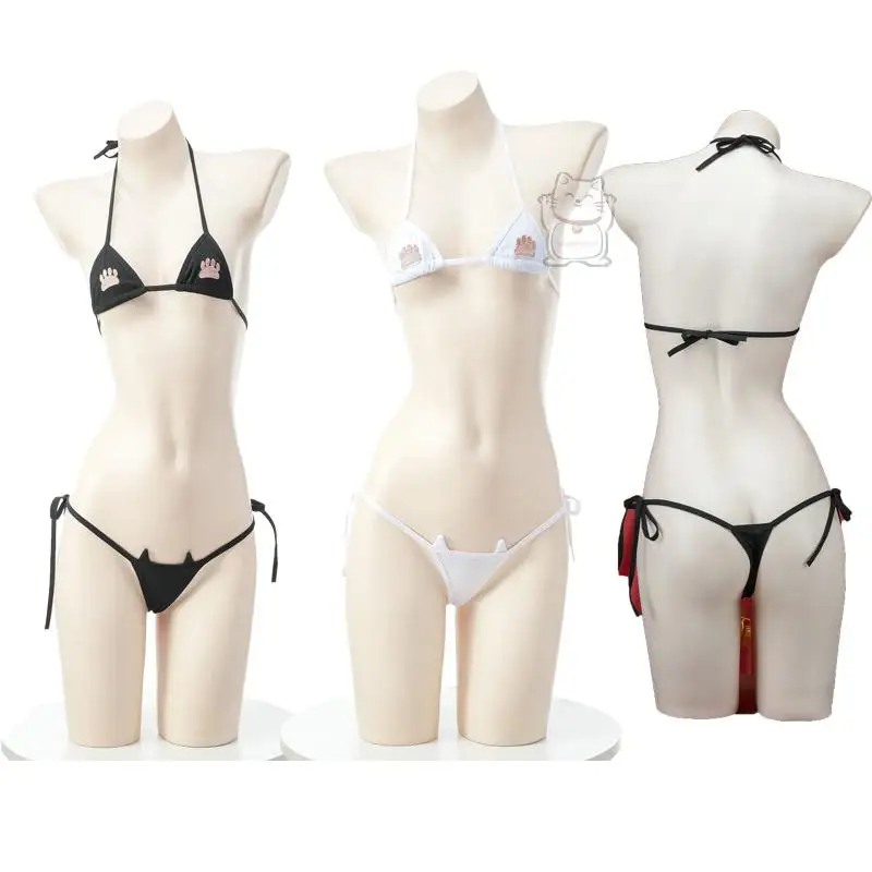 

Сексуальный женский мини-купальник с вышивкой, имитирующий милые кошачьи лапки, на шнуровке, для косплея, домашней носки и вечеринок на Хэллоуин