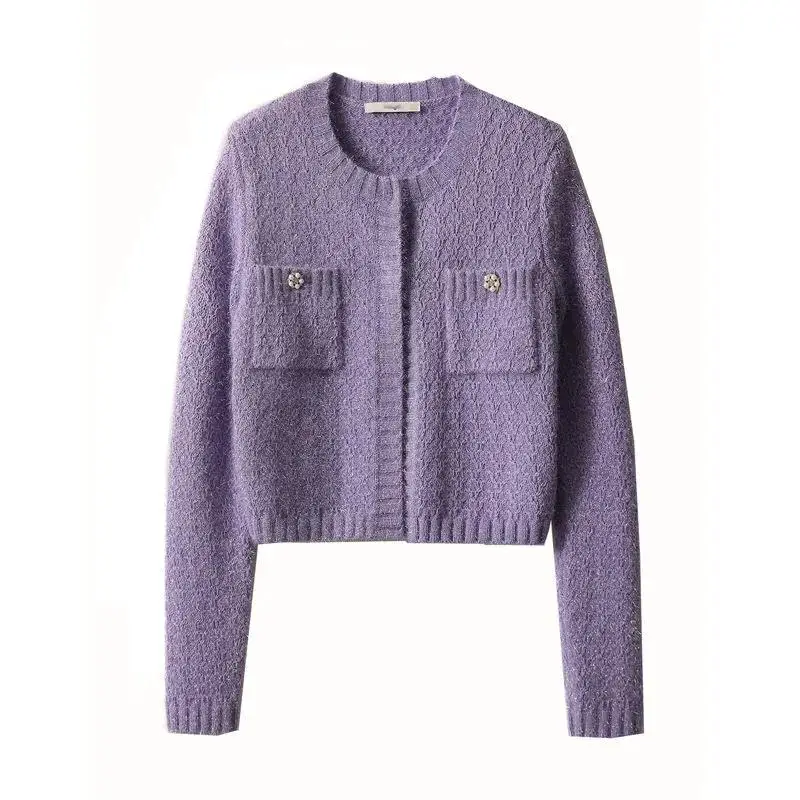 Purple Knit Wear Solid O Neck Elegant Autumn Short Cardigans Women Korean Vintage Soft Winter Sweaters Female Warm