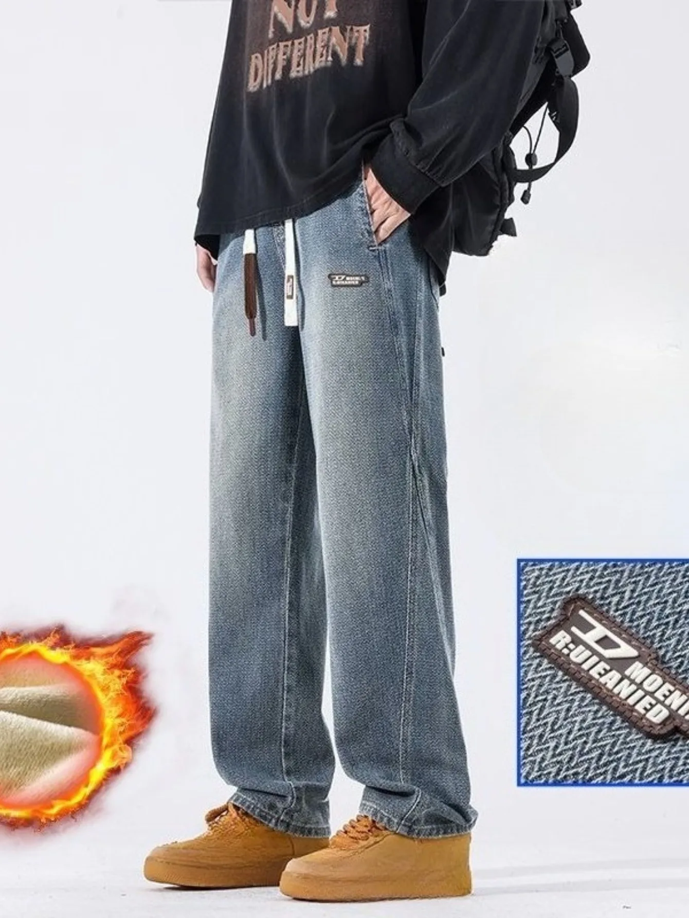 2026Retro American Wide Leg Men's Jeans Winter New Style Trendy Loose Straight Thickened Fleece Long Trousers Youth Popular