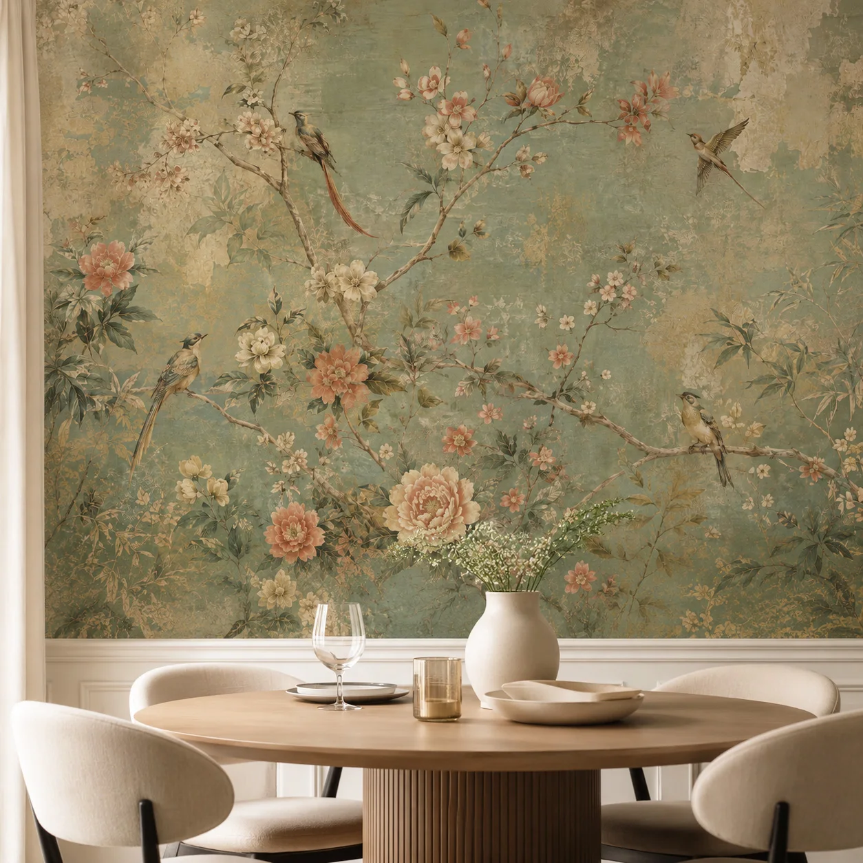Vintage Chinoiserie Floral Bird Wall Mural Wallpaper Peony Botanical Branch Living Room Bedroom Wall Decor Non Self Adhesive
