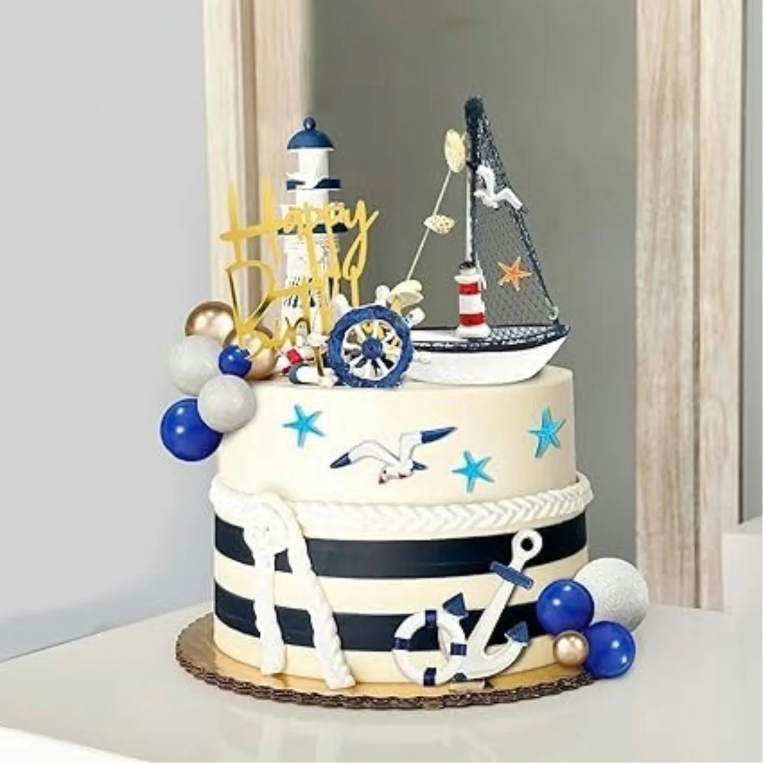 24Pcs Blue White Nautical Theme Cake Topper Anchor Ship Seagull Cake Decorations Birthday Party Summer Ship Party Picks Supplies