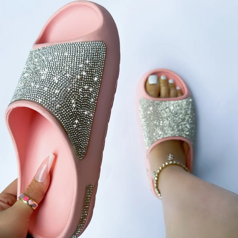 2024 Women\'s Men New Luxury Women\'s Shoes with Diamond Face Thin Flash Thick Bottom Slippers Sandals Outdoor Beach Slippers