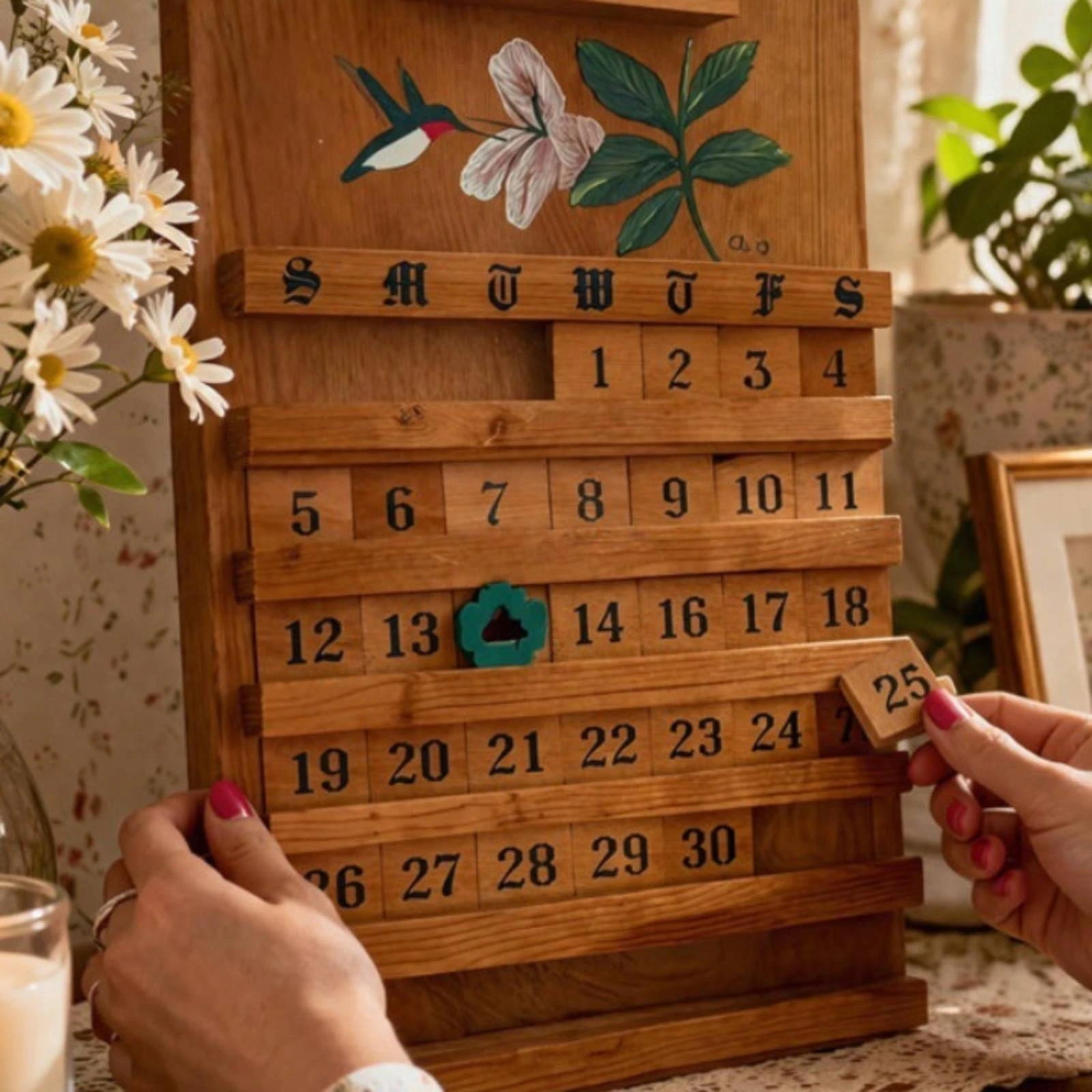 Wooden Block Calendar Artisanal Wooden Perpetual Calendar Decor Interchangeable Functional for Families, Living Room, Entryway