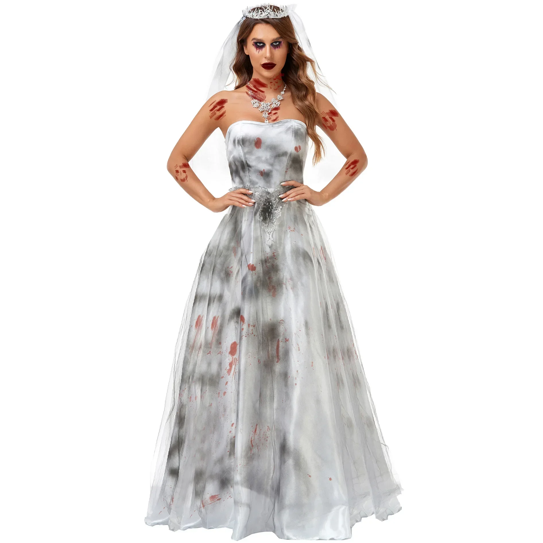 Robe de cosplay de mariée Ghoul éclaboussée de sang pour femmes, voile et robe, costume d'Halloween adulte gothique, sorcière, vampire, zombie, habillage