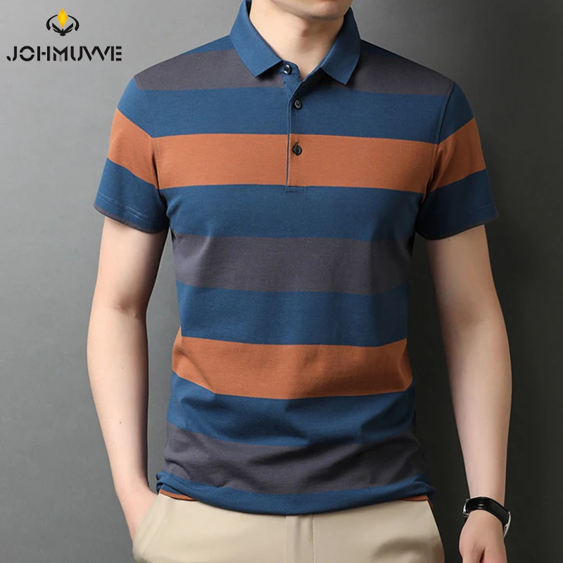 JOHMUVVE Fast Shipping Spring/Summer Striped Men\'s Short Sleeve POLO Shirt Casual Short Sleeve Top Men\'s T-Shirt