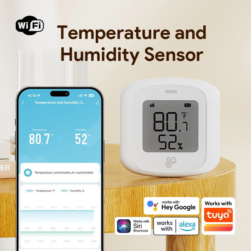 Sensor de Temperatura e Umidade Zigbee ORYZIC para Casa Inteligente com Tela LCD, Compatível com Tuya, Alexa, Google Home, APP Smart Life e Tuya Smart