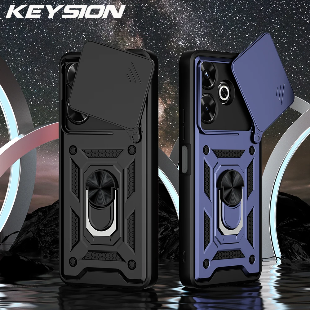 KEYSION Shockproof Case for Redmi 13 Slide Push Pull Camera Lens Protection Ring Stand Phone Back Cover for Xiaomi POCO M6 4G