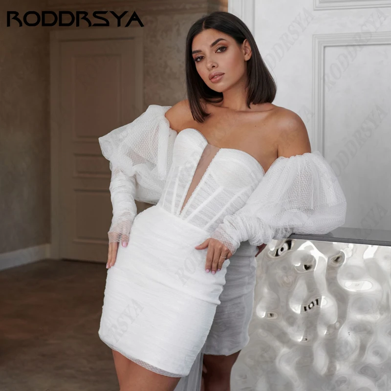 RODDRSYA-Mini Vestido De novia sin tirantes para mujer, tul elegante, fiesta nupcial romántica, manga De linterna, sin espaldaMini Vestido De novia sin tirantes para mujer, tul elegante, fiesta nupcial romántica, manga