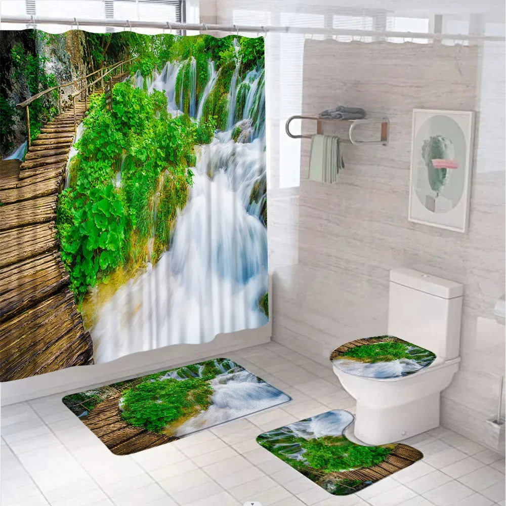 Green Forest Waterfall Landscape 3D Wooden Bridge Summer Waterproof Shower Curtain Set Rug Toilet Cover Bath Mat Bathroom Decor